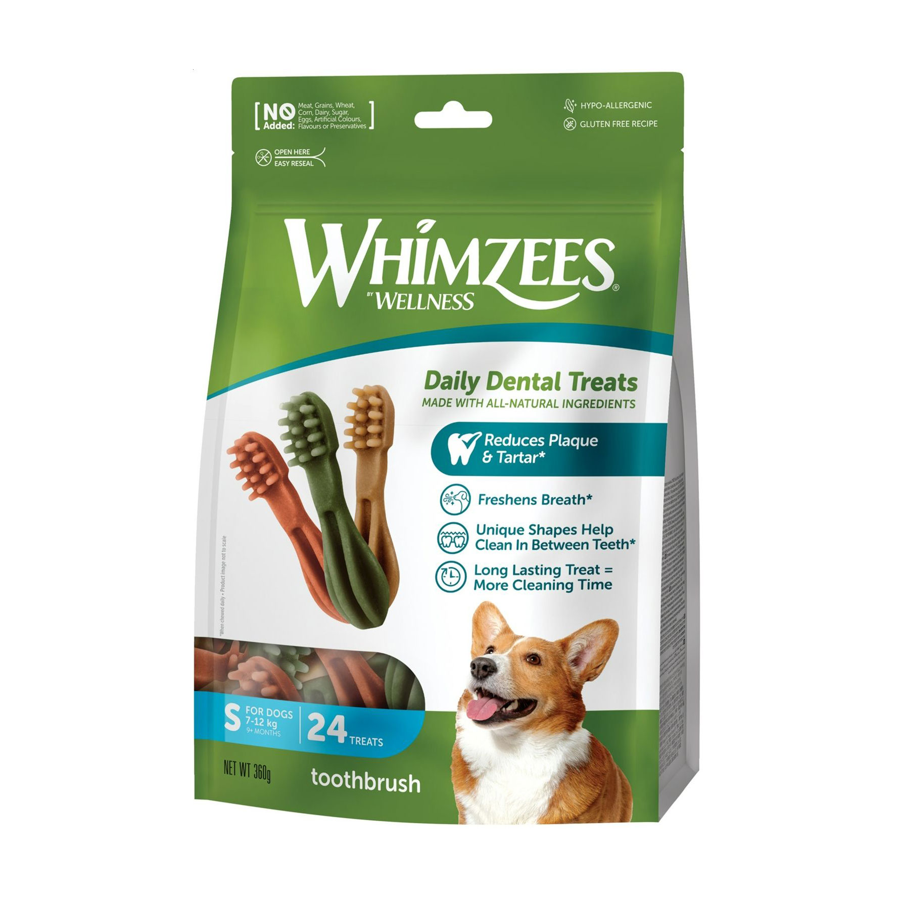Ласощі для собак Whimzees Toothbrush Daily Dental Treats розміром S (7-12 кг), від 9 місяців, у формі зубної щітки, 24 шт