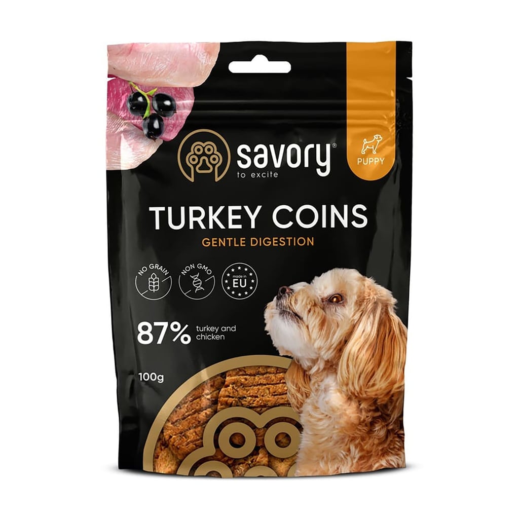 Ласощі для цуценят Savory Puppy Turkey Coins джерки, монетки з індичкою, 100 г